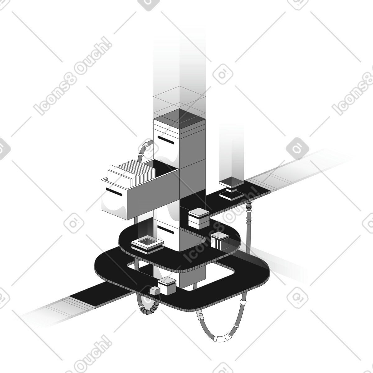 Data archive conveyor belt with automated file transfer system illustration in Futuristic style download in PNG, SVG