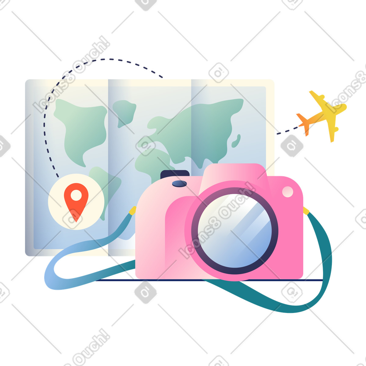 Karte mit route und kamera für die reise animierte Illustration im Beam-Stil als Download in GIF, Lottie (JSON), AE