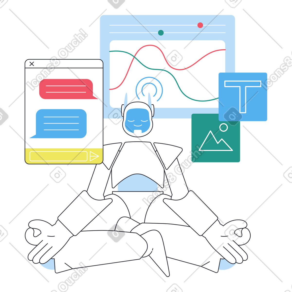 下载 Boba 风格的 AI assistant managing chat and analytics, Artificial intelligence multitasking 动画插图，支持 GIF、Lottie （JSON）、AE 格式