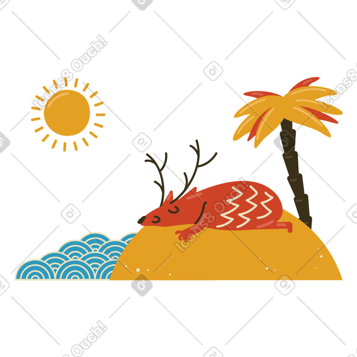 Deer sunbathing on a tropical beach illustration in Arabica style download in PNG, SVG