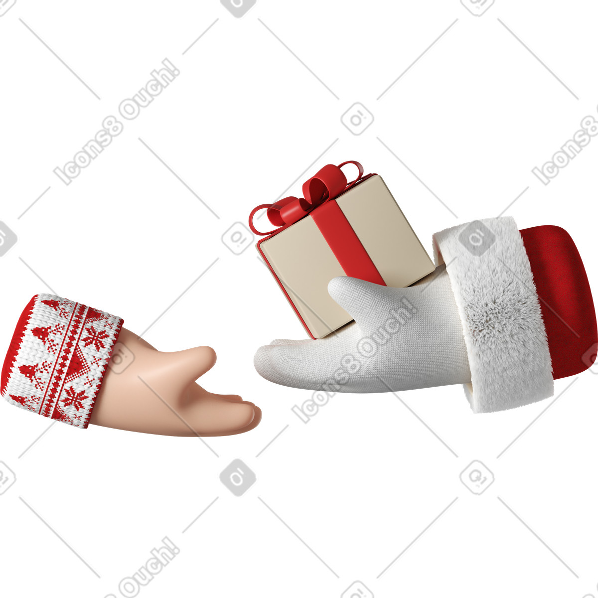 3D Hands Fun&Wild スタイルの Santa Claus giving a gift box to white skin hand のイラストをPNG、SVG形式でダウンロード