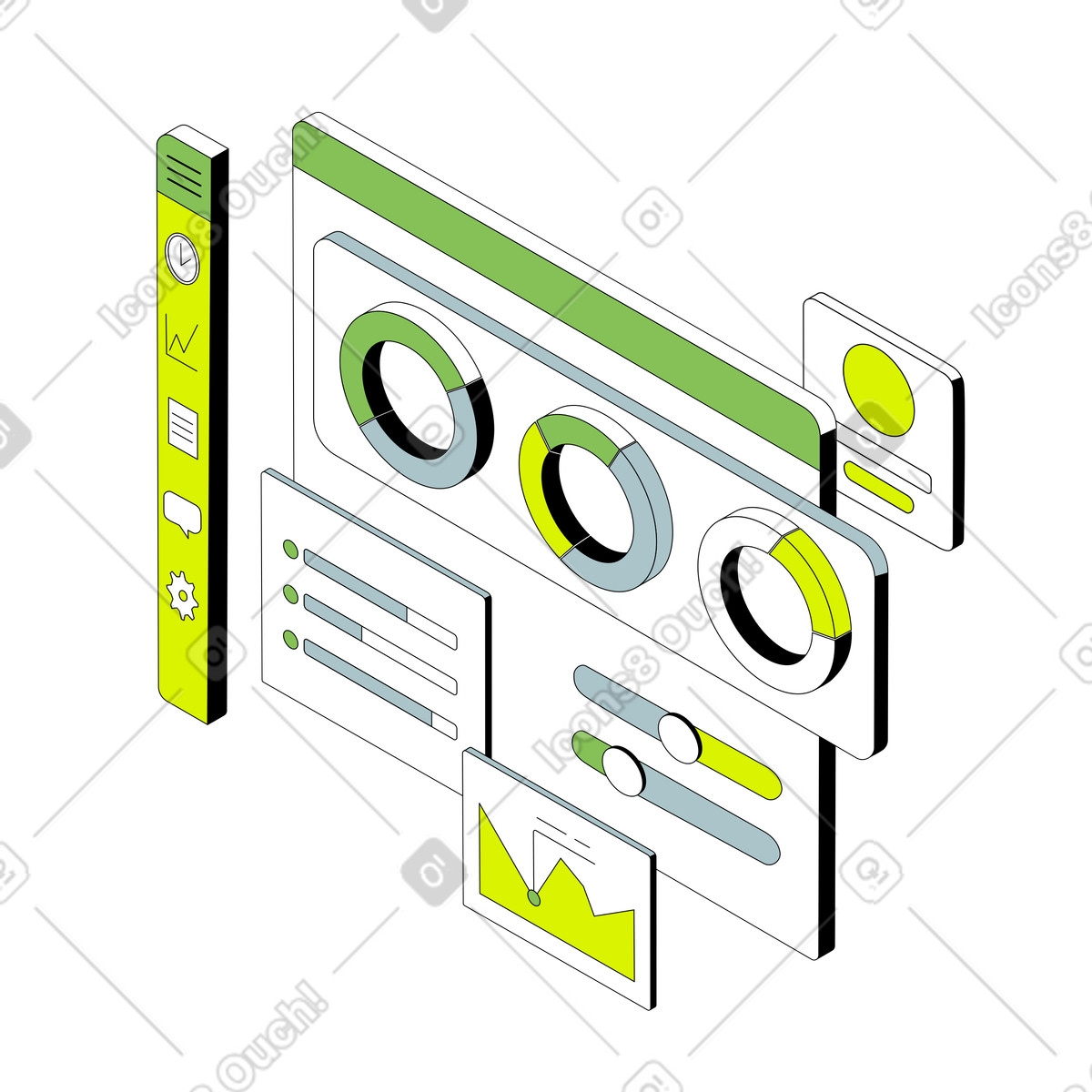 Анимированная иллюстрация Data dashboard with infographics and statistics в стиле Isometric — скачать в форматах GIF, Lottie (JSON), AE