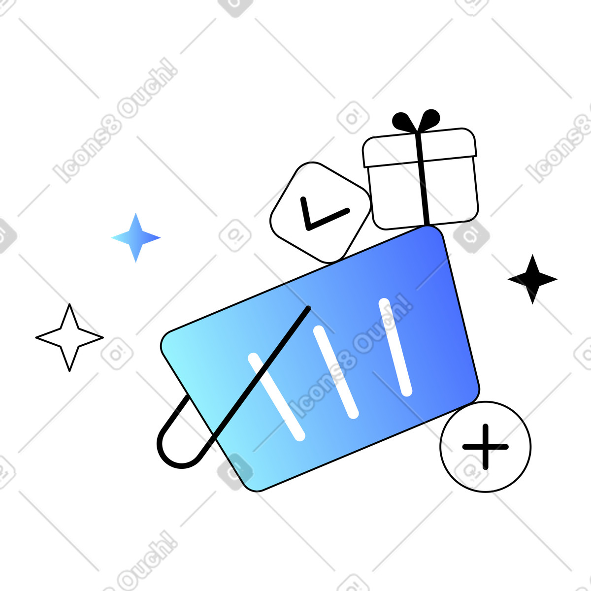 Shopping basket with plus button and gift, Digital retail purchasing illustration in Azure style download in PNG, SVG