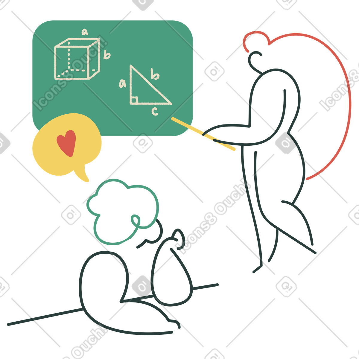 Mathe-unterricht in der schule mit lehrer und schüler-Illustration im Macaroni-Stil als Download PNG, SVG