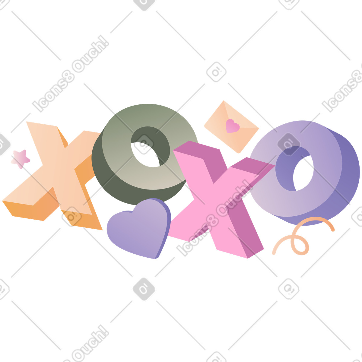Schriftzug xoxo mit herz und umschlagtext-Illustration im Coworking-Stil als Download in PNG, SVG