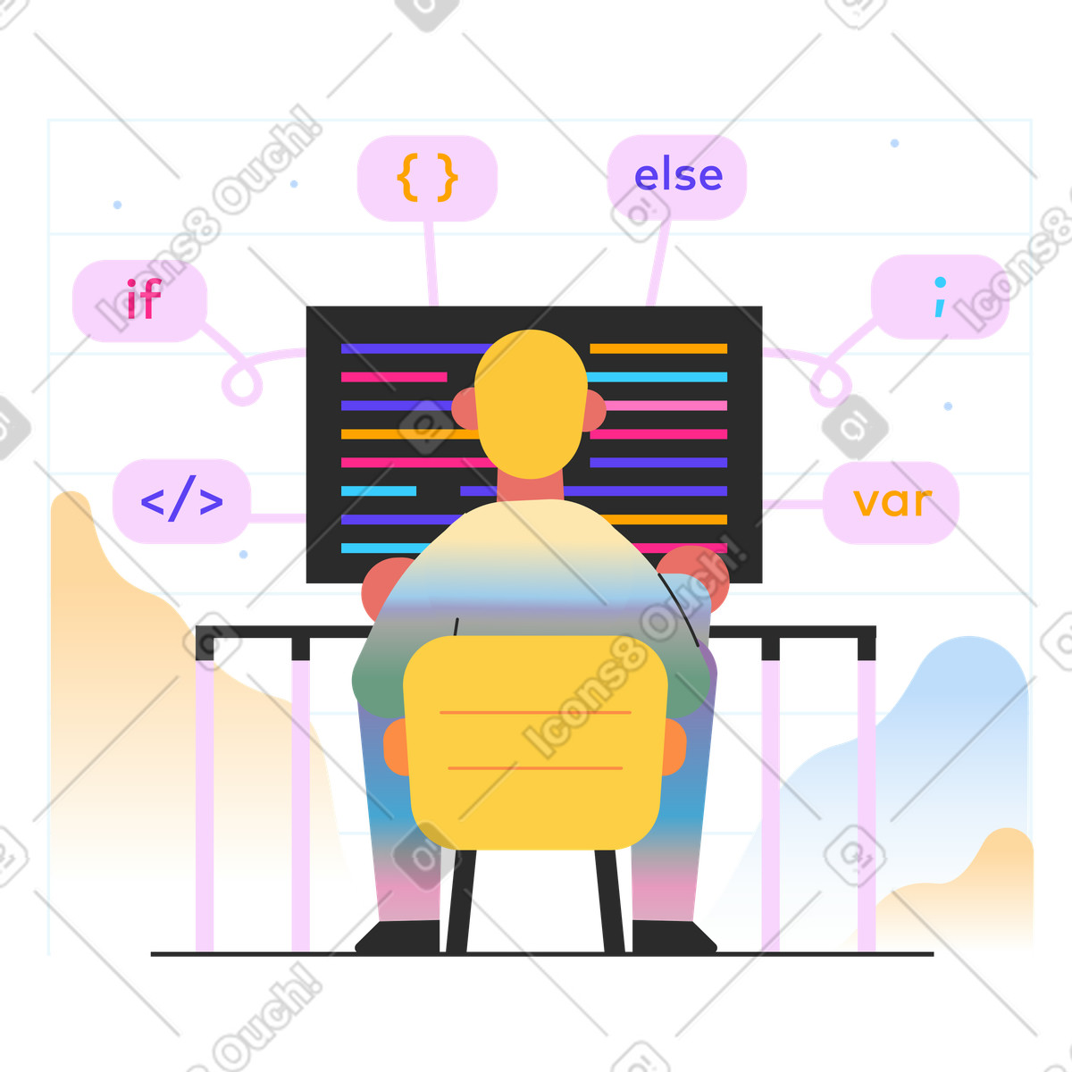 Ilustración animada Una persona sentada frente a pantalla de computadora. en estilo Marginalia descargar en GIF, Lottie (JSON), AE