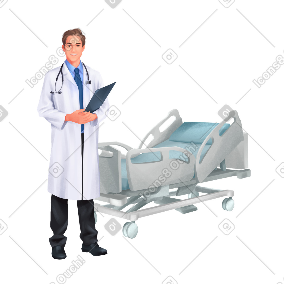Doctor in white coat holding documents front of hospital bed illustration Demure style download PNG, SVG
