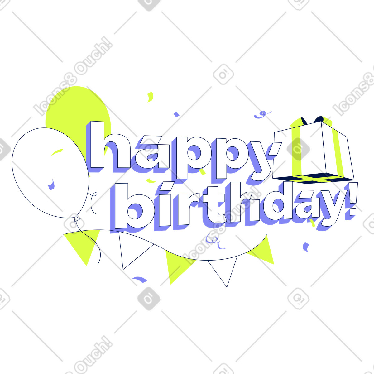 Ilustración Feliz cumpleaños con globos, caja de regalo y guirnalda cumpleaños. en estilo Glow a descargar en PNG SVG
