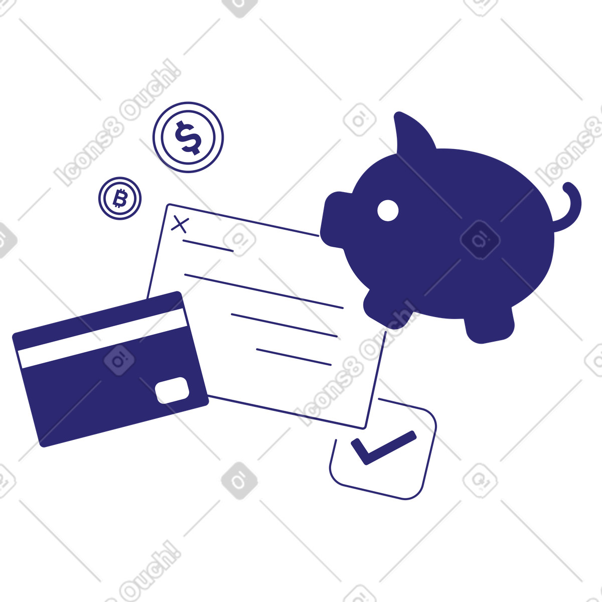 Piggy bank with deposit slip and credit card, Secure money storage for digital cash savings illustration in Cut style download in PNG, SVG