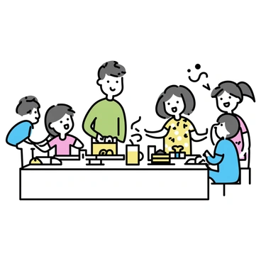 A large dining table covered with colorful tablecloth. There are several plates piled high with pancakes, fruits, and pastries. A group of kids is laughing energetically, with one child wearing a red shirt and another in a blue shirt. Nearby, adults are engaged in conversation, one man wearing a green sweater and one woman in a floral dress, both smiling. A pitcher of orange juice and several glasses are placed on the table, adding to the lively atmosphere.