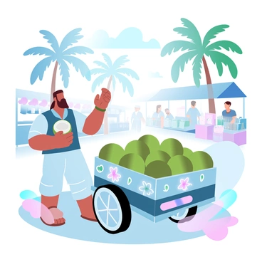 A street vendor stands beside a colorful cart filled with fresh coconuts. The cart has vibrant decorations and is surrounded by a variety of tropical fruits displayed attractively. The vendor is wearing a traditional outfit, holding a coconut with a knife ready to cut it open. In the background, there are lively market stalls with people shopping, and palm trees swaying gently in the breeze. The atmosphere conveys the bustling energy of a Costa Rican town with bright sunlight illuminating the scene.