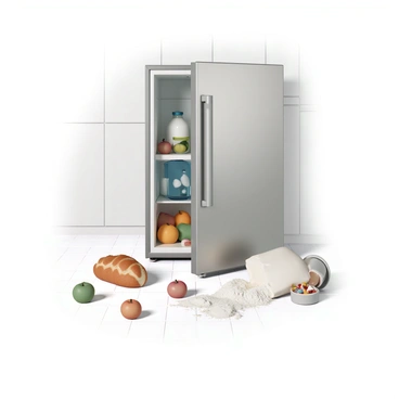 A refrigerator with a metallic silver exterior has its door wide open. Inside the fridge, various items are visible, including a carton of milk, a jar of pickles, and several colorful vegetables. On the kitchen floor, there is a mix of food items scattered around. A loaf of bread lies partially torn next to a bag of flour that has spilled, creating a white dust on the floor. Some apples are rolling away, while a small container of leftovers is tipped over, with its contents spilling out. The kitchen environment has tiled flooring and cabinets in the background, adding to the overall chaotic scene.