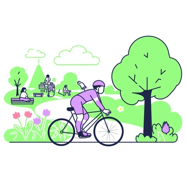 A cyclist is riding along a path in a city park. The cyclist is wearing a helmet and a fitted cycling outfit, and is focused on the path ahead. Alongside the path, there are blooming flowers of various types, with colorful petals swaying gently. Trees with lush green leaves provide shade, and a clear sky is visible above. In the background, there are benches and people enjoying the park. The scene conveys an atmosphere of activity and nature.