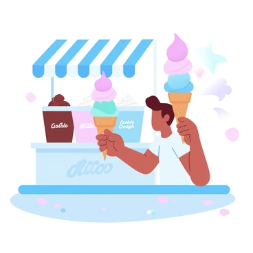 An ice cream stand is set up with seven different flavors displayed in colorful tubs. Each tub has a label indicating the flavor, such as "chocolate," "vanilla," "strawberry," "mint," "cookie dough," "pistachio," and "mango." In front of the stand, a child is holding three ice cream cones stacked one on top of the other. The cones are topped with vibrant scoops of ice cream, showcasing a mix of the flavors available at the stand. The child is wearing a bright t-shirt and is standing on a sidewalk, surrounded by a few scattered sprinkles on the ground. A warm sun is shining down, creating a cheerful atmosphere.