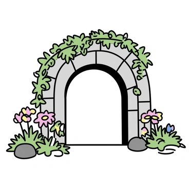 An empty tomb entrance with a stone archway, partially covered in climbing vines. The ground in front of the tomb is adorned with an array of blooming spring flowers, including bright daisies, tulips, and soft pansies. Lush greenery surrounds the entrance, with ferns and small shrubs creating a vibrant frame. Sunlight filters through the leaves, casting gentle shadows on the ground.