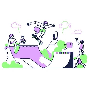 A skater is mid-air above a half-pipe in an indoor skate park. The skater has a modern helmet and wears a colorful outfit suitable for skating. The half-pipe is detailed with features such as smooth edges and texture. Various ramps and obstacles are visible in the background, with some skateboards resting nearby. A few spectators are gathered, observing the skater's performance, and the atmosphere captures the essence of the energetic skate park environment.
