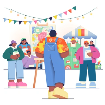 An illustration expert with medium skin and short black hair is actively participating in a lively art festival. They are wearing a bright, patterned shirt and denim overalls. The expert is standing next to a large canvas, showcasing a colorful artwork featuring abstract designs. Surrounding them are several art enthusiasts of diverse backgrounds, some holding sketchbooks and others examining the artwork closely. Colorful banners are strung overhead, and there are stalls with various art supplies and handmade crafts in the background. A warm glow from string lights adds to the festive atmosphere.