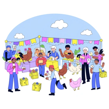 A vibrant poultry festival taking place outdoors with numerous stalls displaying different breeds of chickens. People of various ages are gathered around, admiring the chickens. Some are holding small signs indicating the breed, while others are interacting with the birds. Colorful banners are strung above the stalls, and there are decorative elements such as hay bales and flowers surrounding the area. The sky is blue with a few fluffy clouds, enhancing the festive atmosphere.