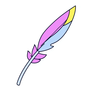 A quill feather with a sleek, pointed tip is dipped in dark ink. The feather has intricate barbs and a smooth shaft. At the tip of the quill, vibrant colors are slowly bleeding into the ink, creating a gradient effect. The quill is positioned at a slight angle, resting on a simple, light-colored surface.
