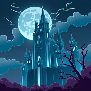 A towering gothic castle silhouetted against a stormy night sky