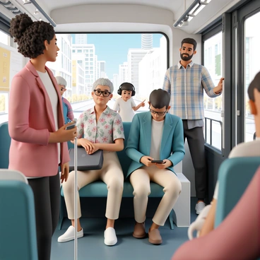 A diverse group of people inside a city bus during rush hour. There is a woman with curly hair, wearing a red jacket and black jeans, standing by the entrance holding onto a support pole. Next to her, a man in a blue suit and glasses is sitting with a laptop bag on his lap, looking focused. An older woman with gray hair, dressed in a floral blouse and beige trousers, is seated across from a young man wearing a hoodie and headphones, who is absorbed in his smartphone. In the background, a child with a backpack is looking out the window, pointing at the passing scenery, while a man with a beard, wearing a plaid shirt, stands calmly near the back door, holding onto the railing. The bus interior is packed with passengers, and the atmosphere is lively, reflecting the hustle and bustle of city life.