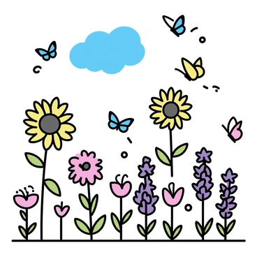 A variety of flowers in full bloom fills the garden. There are tall sunflowers with bright yellow petals, delicate pink roses, and clusters of purple lavender. Several butterflies with colorful wings are fluttering around the flowers, landing briefly on blossoms. The scene captures the vibrant activity of the butterflies, showcasing their intricate patterns and colors as they move among the flowers. The sky above is clear and blue, adding to the lively atmosphere of the garden.