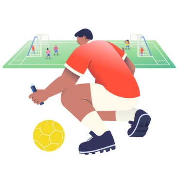 An athletic individual with short black hair is crouched down beside a bright yellow soccer ball. They are wearing a fitted red jersey with white shorts and black cleats. With a small, handheld pump, the athlete is carefully releasing air from the ball, ensuring that no one nearby notices. In the background, a green soccer field is visible, with goalposts at each end and a few distant players warming up. The atmosphere is tense as the match is about to begin.