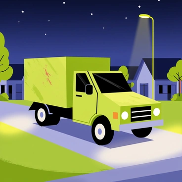 A junk truck with a large, boxy cargo area is driving through a quiet suburban neighborhood at night. The truck's exterior is painted in faded green with rust spots. Streetlights cast a warm yellow glow on the truck, highlighting its details and creating soft shadows on the pavement. Lush green lawns line the streets, and a row of small houses with darkened windows can be seen in the background. The sky is deep blue with scattered stars, adding to the nighttime atmosphere. The scene conveys a sense of calm and solitude in the suburban environment.