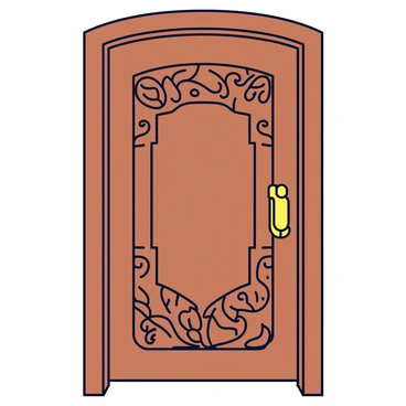 A detailed wooden door featuring intricate carvings of flora and fauna along its surface. The door has a rich brown hue, showcasing the natural grain of the wood. At the center, there is a vintage brass handle that is elegantly shaped, shining softly in the light. The door is set against a plain wall, emphasizing its craftsmanship.