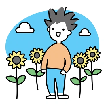 A character with spiky black hair wearing an orange and blue outfit stands in a field of tall sunflowers. The sunflowers are bright yellow, with large circular heads and green leaves, stretching towards the sky. The character is smiling widely, showcasing happiness. The background features a clear blue sky with a few fluffy white clouds.