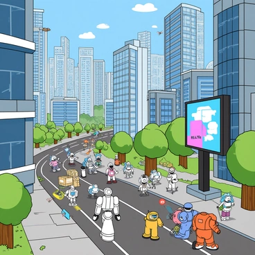 A vibrant futuristic cityscape filled with towering skyscrapers made of glass and steel. The streets are bustling with various robots of different shapes and sizes, some resembling humanoids while others have unique designs like insect or animal features. The robots are engaged in various activities, such as one carrying packages, another cleaning the streets, and a group socializing near a digital billboard displaying colorful advertisements. Bright neon lights illuminate the scene, and flying vehicles zip through the sky, adding to the lively atmosphere of the city. Lush greenery is integrated into the urban design, with small parks and trees lining the walkways, creating a harmonious blend of technology and nature.