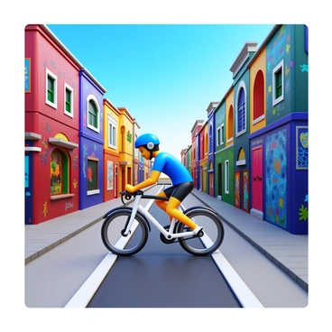 A treadmill bike rider pedaling energetically. The urban environment is vibrant with an array of street art on the walls, featuring colorful murals and graffiti. The rider is wearing a stylish helmet and athletic clothing. The ground is lined with paved streets, and the sky above is clear blue. Surrounding the cyclist are various buildings, each adorned with unique designs and artistic expressions.