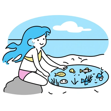 A girl with long, flowing blue hair wearing a colorful bikini is sitting on a large rock by the water's edge. She is peering curiously into a tide pool filled with various marine life. The tide pool contains small, vibrant fish, starfish, and seaweed. The girl has bright, expressive eyes and a cheerful smile as she reaches out to touch a starfish. The background features a gently lapping sea with a clear blue sky above.