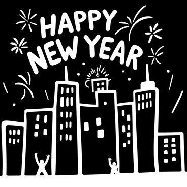 A city skyline with tall buildings outlined against the night sky. "Happy New Year" is prominently displayed above the skyline. Fireworks burst in various shapes and patterns above the buildings, creating a dramatic display. The silhouettes of the buildings stand in contrast to the dynamic explosions of fireworks. The ground is dotted with small figures celebrating, raising their arms in excitement.