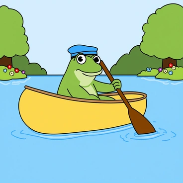 A green frog wearing a small blue sailor hat is sitting in a bright yellow rowboat. The frog's big eyes are wide open, and it has a cheerful expression. The boat is gently gliding across a calm lake with crystal-clear water, reflecting the blue sky above. The shoreline features lush green trees and colorful flowers, adding vibrant colors to the scene. The frog is holding a wooden oar in its webbed hands, paddling smoothly through the water. A few gentle ripples spread out from the boat, creating a playful atmosphere.