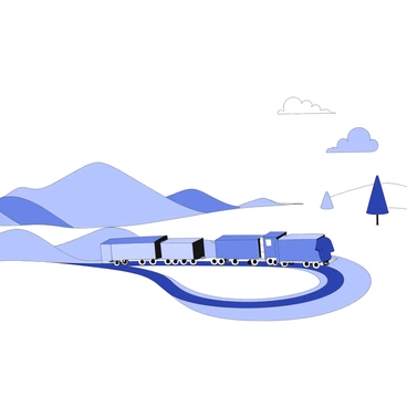 A train is moving swiftly along the tracks in a vast landscape. The train features several connected cars with distinct shapes, each displaying angular edges and flat surfaces. The wheels are clearly visible, with some dust being kicked up from the tracks. In the background, there are rolling hills and a few sparse trees, all rendered in a simple geometric fashion, emphasizing the low-poly aesthetic of the scene. The sky above is clear with a few stylized clouds.