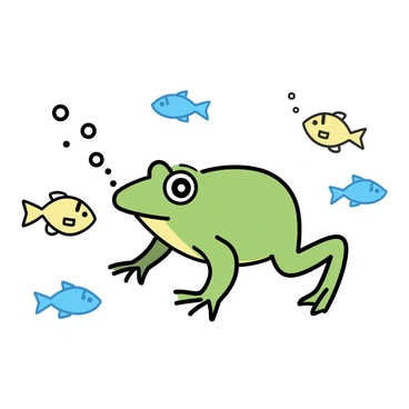 A green bullfrog, its smooth skin glistening, is swimming underwater. Surrounding the bullfrog are several small fish, varying in color and size, happily darting around it. The underwater scene is illuminated by soft light filtering from above, creating a tranquil atmosphere. Bubbles rise from the frog's mouth as it moves through the water, showcasing its powerful legs in motion.