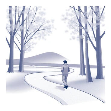 A person walking along a winding path in a park. The individual is wearing a light jacket and has their hands in their pockets. Tall trees line the pathway, their branches adorned with leaves in various stages of fall, showcasing a mix of textures as they catch the light. The ground is blanketed with fallen leaves, creating a natural carpet of shapes and patterns. In the background, a gentle slope can be seen, leading to a small hill partially obscured by the trees.