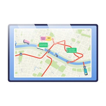 A large digital screen is mounted on a wall, displaying a detailed map with various vehicle transport routes highlighted in bright colors. The map features roads, highways, and junctions, with small icons representing different vehicles, such as trucks and buses, moving along the routes. Real-time data updates are indicated by flashing markers next to the vehicle icons. The background of the screen has a sleek black frame, and the map shows a grid of city names and landmarks for orientation.