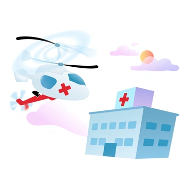 A medical helicopter is descending towards a hospital helipad, the rotors spinning rapidly. The helicopter features bright red and white markings, contrasting against the pastel colors of the awakening sky. The helipad is situated on top of a modern hospital building, with clear outlines and rescue symbols marked on it. In the background, the sun is just beginning to rise, casting soft gradients of pink, orange, and purple across the sky. The scene conveys a sense of urgency and readiness with the building and helicopter in sharp focus against the tranquil dawn.
