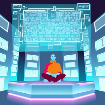 A monk meditating in a high-tech temple filled with digital screens.