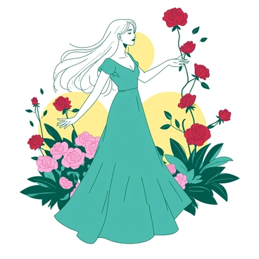 A white woman with long flowing hair is standing gracefully in an elegant garden. She is dressed in a flowing teal gown that elegantly billows around her. Surrounding her are numerous floating roses in shades of pink and red, drifting gently as if caught in a soft breeze. The garden is filled with lush green plants, and the sun casts a warm glow over the entire scene, creating a vibrant atmosphere. The woman's expression is calm and peaceful as she reaches out towards one of the roses.