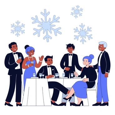 A winter gala event taking place indoors. Attendees are dressed in black formal wear, with men in tuxedos and women in elegant evening gowns. Some of the women are wearing long gloves and sparkling jewelry. The backdrop features large, intricate snowflakes gently falling from above, creating a festive atmosphere. There are tables elegantly set with white tablecloths, sparkling glasses, and decorative centerpieces. Soft lighting enhances the scene, adding to the glamorous ambiance of the event.