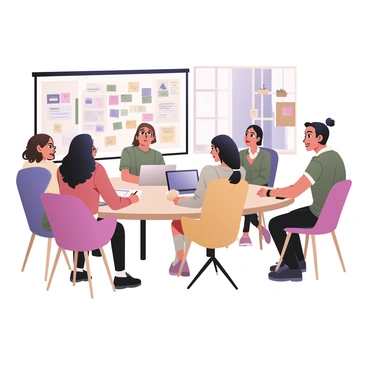 A digital flat illustration featuring a group of five young professionals gathered around a large, oval table in a trendy tech startup office. Three women and two men are engaged in brainstorming, with one woman who has curly brown hair and glasses writing on a large whiteboard covered in colorful sticky notes. Another woman, with straight black hair tied in a bun, is sitting at the table, typing on a laptop with a serious expression. One man, with a beard and short hair, is leaning forward, holding a coffee cup while animatedly discussing ideas. The other man has wavy hair and is looking at the notes with a thoughtful demeanor. The office has large windows letting in natural light, and modern furniture in bright colors, including potted plants and artwork on the walls. The atmosphere is dynamic and focused, reflecting innovation and collaboration.