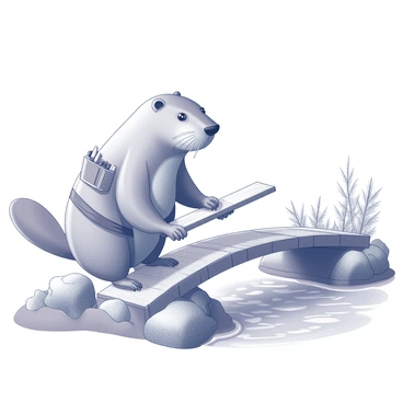A beaver standing upright on its hind legs, wearing a tool belt filled with various tools. The beaver is focused on building a wooden bridge. It is holding a wooden plank in its front paws, carefully positioning it over a crystal-clear stream. The stream flows steadily beneath the bridge, reflecting the surrounding natural environment. The banks of the stream are lined with rocks and a few trees, providing a serene backdrop to the scene.