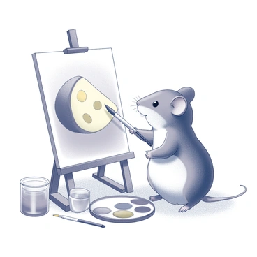 A small mouse wearing a "beret" sits at an easel, focused on its task. The mouse has a tiny paintbrush held delicately in one paw. On the easel is a canvas showcasing a "portrait of a cheese," depicted in great detail with a textured surface and holes. The mouse's expression is one of concentration as it carefully adds strokes to the canvas. A palette of various colors rests nearby, while a small jar of water is positioned on the side. The setting suggests a cozy artist's studio, with scattered art supplies visible.