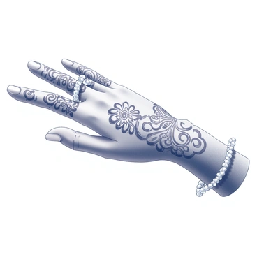 A close-up of a bride's hand elegantly displaying intricate mehndi designs. The mehndi features detailed patterns, swirls, and floral motifs that adorn the palm and extend to the fingers. The fingers are adorned with several sparkling bangles that catch the light, creating a shimmering effect. The skin is a rich tone that contrasts beautifully with the dark patterns of the mehndi. The hand is positioned gracefully, emphasizing the artistry of the designs and the delicate nature of the jewelry.