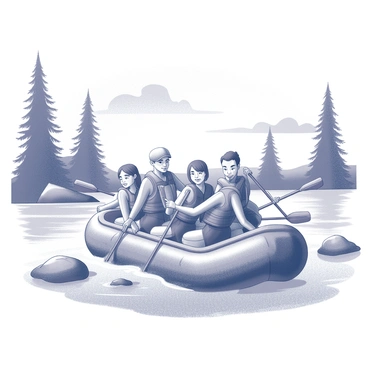 A group of six individuals in a raft on a river. They are wearing life jackets and using paddles, coordinating their movements to navigate through choppy waters and avoid rocks. The expressions on their faces reflect determination and focus as they work together to steer the raft. The surrounding landscape features tall trees on the riverbank and a few boulders jutting out of the water. The sky above is partly cloudy, indicating an active day for their adventure.