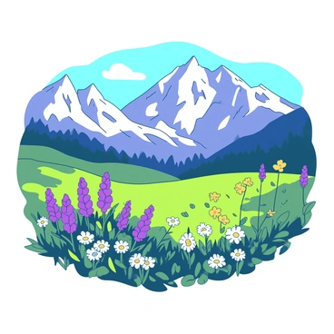 A vibrant alpine meadow filled with a mix of colorful wildflowers swaying gently in a light breeze. Clusters of purple, yellow, and white flowers dot the lush green grass, creating a lively tapestry of color. In the background, majestic snow-capped peaks rise sharply against the sky, their steep slopes contrasting with the softness of the meadow below. The sunlight casts a warm glow over the scene, illuminating both the flowers and the rugged mountain terrain. A few fluffy white clouds drift lazily above the peaks, adding to the picturesque landscape.