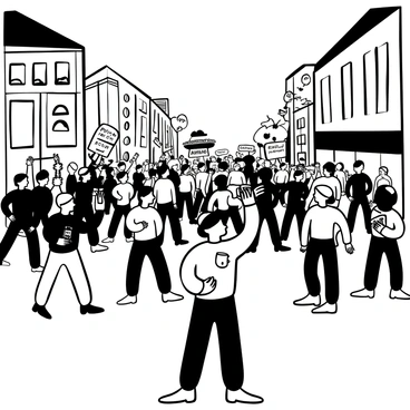 A photographer wearing a press badge is positioned at the forefront of a busy street rally. He holds a camera aimed at the crowd, capturing the vibrant energy surrounding him. Behind him, a diverse group of people are holding signs with various messages. Some attendees are waving flags, and others are engaged in animated discussions. The street is lined with tall buildings, and a few trees are visible in the backdrop, adding to the urban setting. The scene is filled with movement and activity, emphasizing the busy atmosphere of the rally.